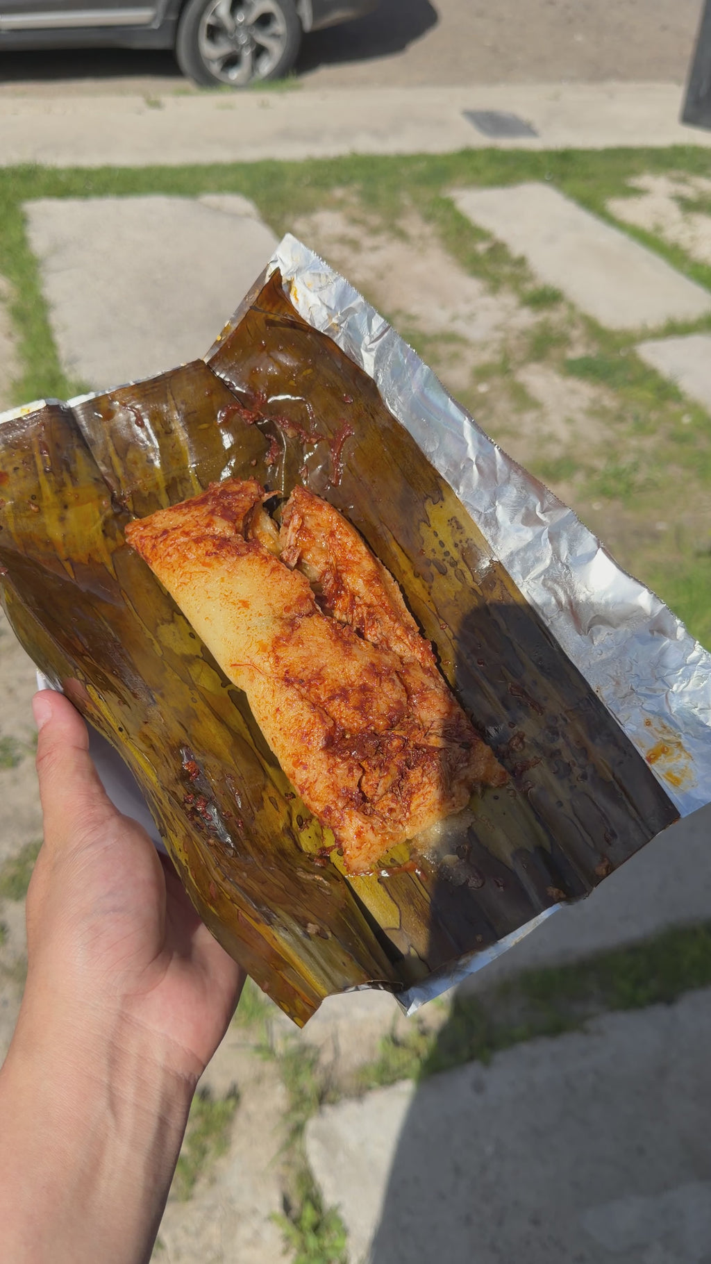 Tamales de hoja de plátano de pollo rojos